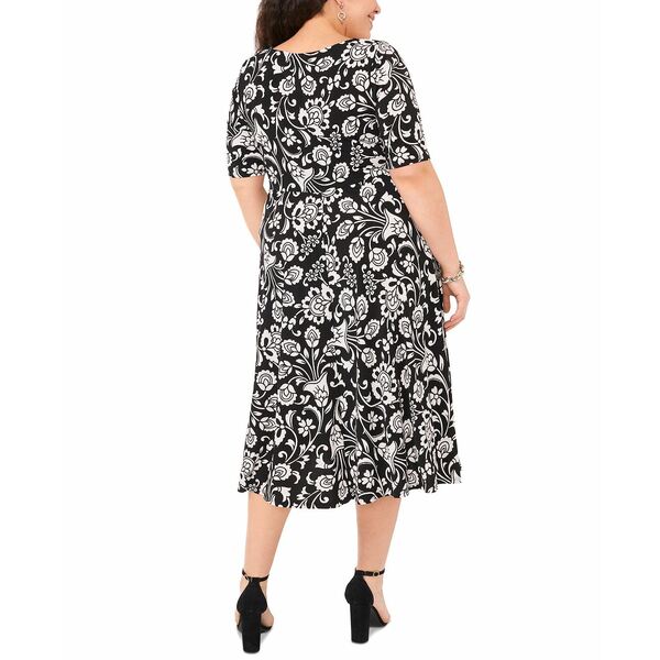 ミスク レディース ワンピース トップス Plus Size Scoop-Neck Elbow-Length Midi Dress Rich Black