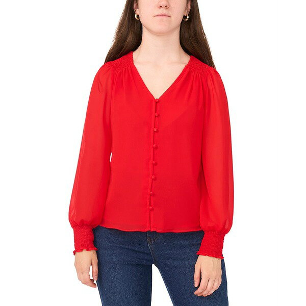 サム アンド ジェス レディース カットソー トップス Petite V-Neck Smocked-Shoulder Blouse Bright Red