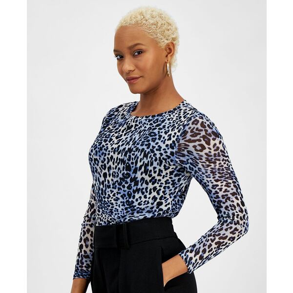 バースリー レディース カットソー トップス Women 039 s Animal-Print Long-Sleeve Mesh Top, Created for Macy 039 s Delft Blue Multi