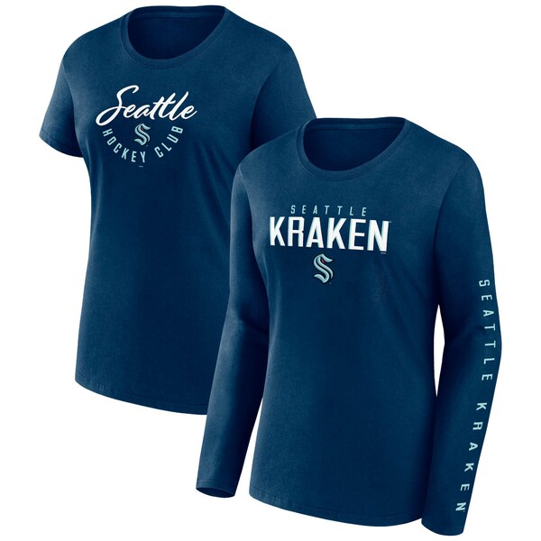 ファナティクス レディース Tシャツ トップス Seattle Kraken Fanatics Branded Women 039 s Long and Short Sleeve TwoPack TShirt Set Deep Sea Blue