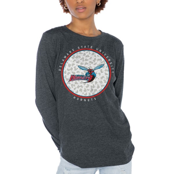 Q[fC fB[X TVc gbvX Delaware State Hornets Gameday Couture Women's Circle Graphic Fitted Long Sleeve TShirt Charcoal