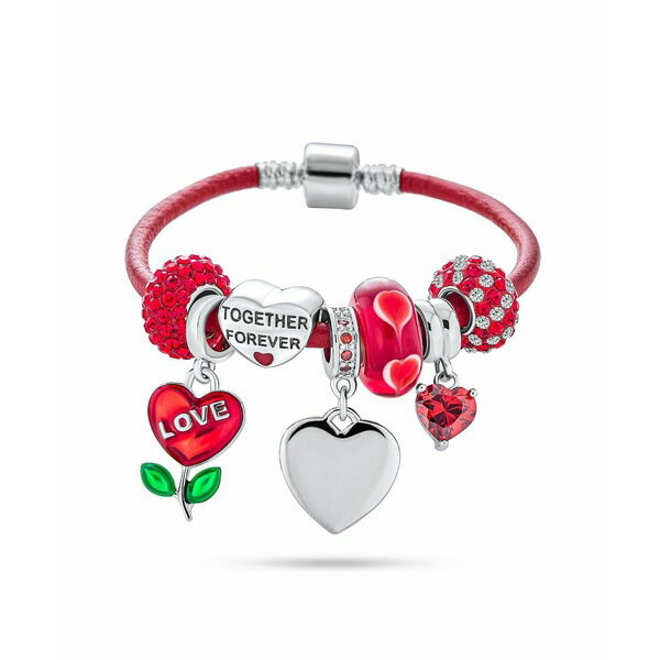ブリング レディース ブレスレット・バングル・アンクレット アクセサリー Initials Love Anniversary BFF Friendship Heart Valentine Starter Beads Multi Charm Bracelet RED Leather For Women .925 Sterling Silver European Barrel Snap Clasp Red