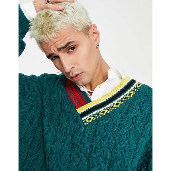 エイソス メンズ ニット&セーター アウター ASOS DESIGN oversized cable knit sweater with neck embroidery TEAL