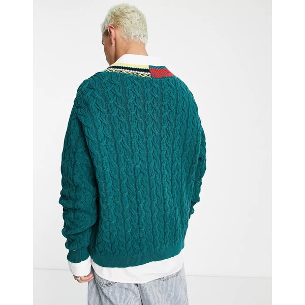 エイソス メンズ ニット&セーター アウター ASOS DESIGN oversized cable knit sweater with neck embroidery TEAL