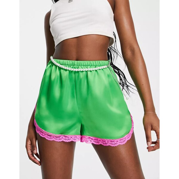 コリュージョン レディース カジュアルパンツ ボトムス COLLUSION satin running shorts with chain belt in green MID GREEN