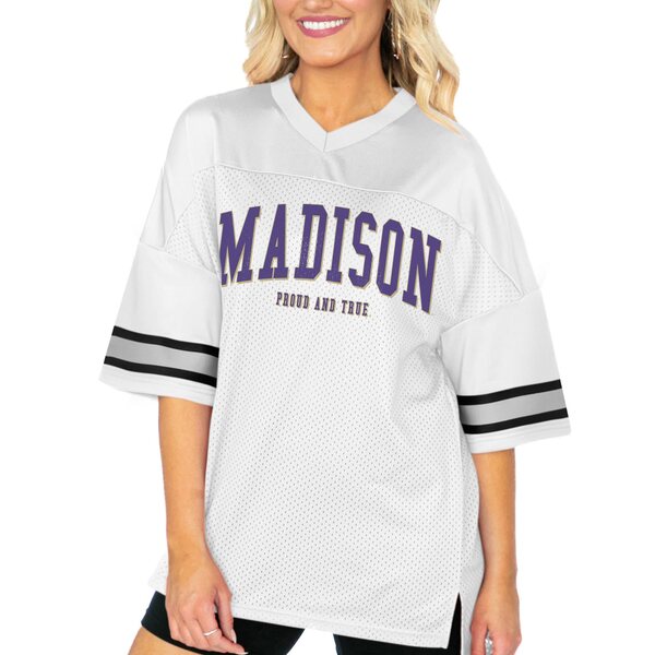 ゲームデイ レディース Tシャツ トップス James Madison Dukes Gameday Couture Women's Option Play Oversized Mesh Fashion Jersey White