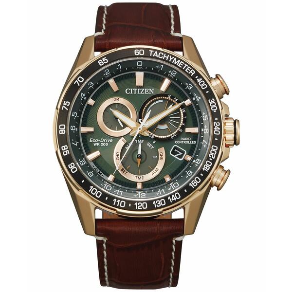 シチズン レディース 腕時計 アクセサリー Eco-Drive Men's Chronograph PCAT Brown Leather Strap Watch 43mm Gold