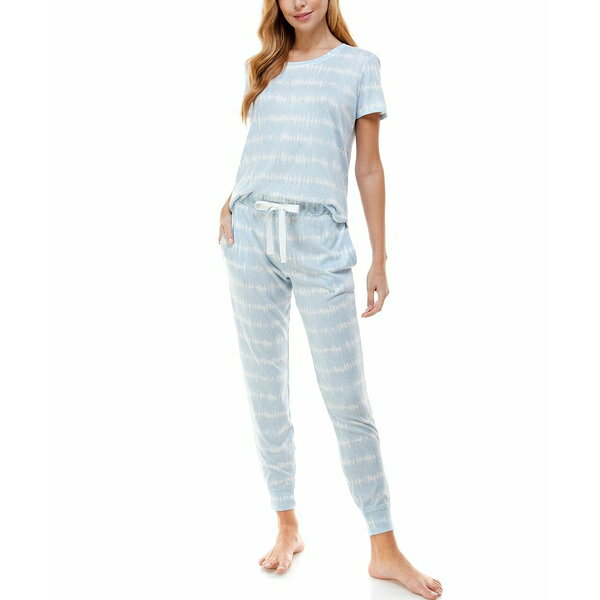 ルーデレイン レディース Tシャツ トップス Scoop Neck T-Shirt & Jogger Pants Pajama Set Tubular Tie Dye Blue Fog
