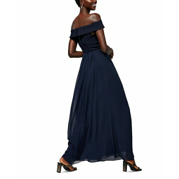 アドリアナ パペル レディース ワンピース トップス Off-The-Shoulder Chiffon Gown Midnight Navy Blue