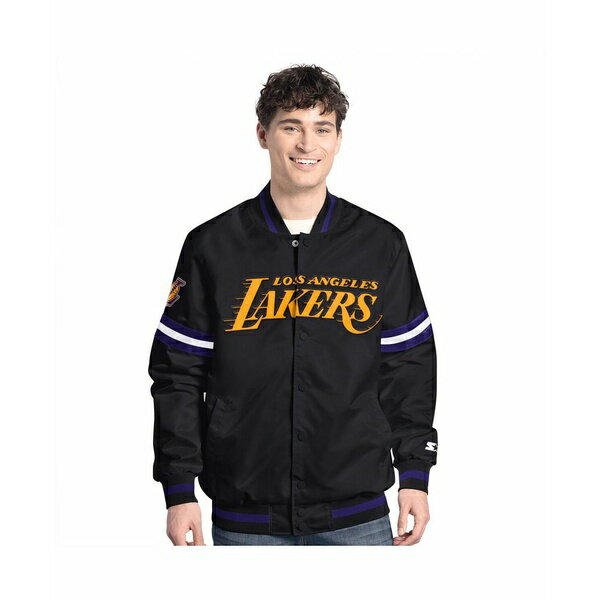 楽天astyスターター メンズ ジャケット＆ブルゾン アウター Men's Black Los Angeles Lakers Scout Varsity Full-Snap Jacket Black