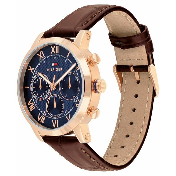 トミー ヒルフィガー メンズ 腕時計 アクセサリー Men's Multifunction Dark Brown Leather Strap Watch, 42mm Brown