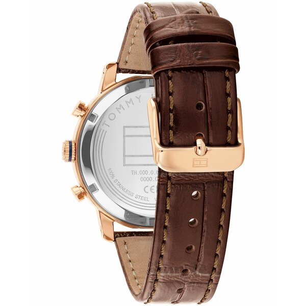 トミー ヒルフィガー メンズ 腕時計 アクセサリー Men's Multifunction Dark Brown Leather Strap Watch, 42mm Brown