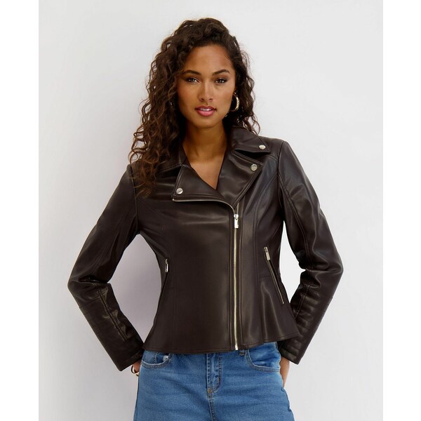 ケンジー レディース ジャケット＆ブルゾン アウター Women's Asymmetrical PU Peplum Moto Jacket with Quilting Details Chocolate