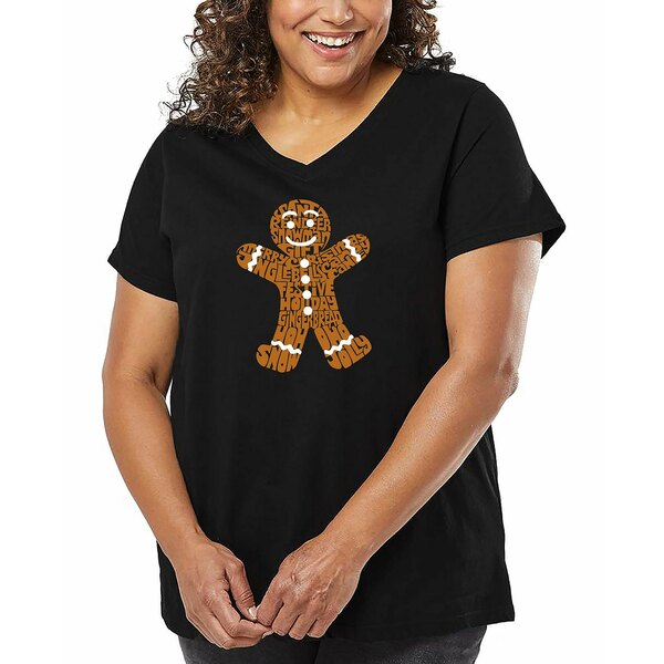 エルエーポップアート レディース カットソー トップス Plus Size Gingerbread Word Art V-Neck T-Shir..