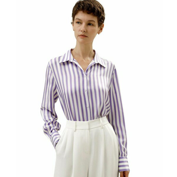 リリーシルク レディース カットソー トップス Women's Classic Striped Silk Shirt Lilac white stripes