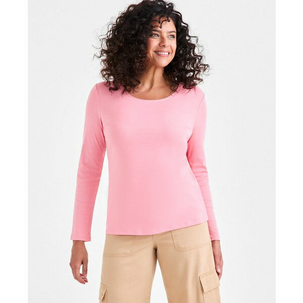 スタイルアンドコー レディース カットソー トップス Women's Cotton Long-Sleeve Scoop-Neck Top, PP-..