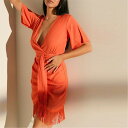 【送料無料】 アイソウイットファースト レディース ワンピース トップス Linen Tassel Drape Short Sleeve Bodycon Dress Orange