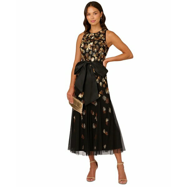 アドリアナ パペル レディース ワンピース トップス Women's Beaded Mesh Sleeveless Godet Gown Black/Gold