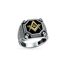 ブリング レディース リング アクセサリー Black Large Freemason Masonic Signet Ring Solid .925 Silver Gold-silver(4)