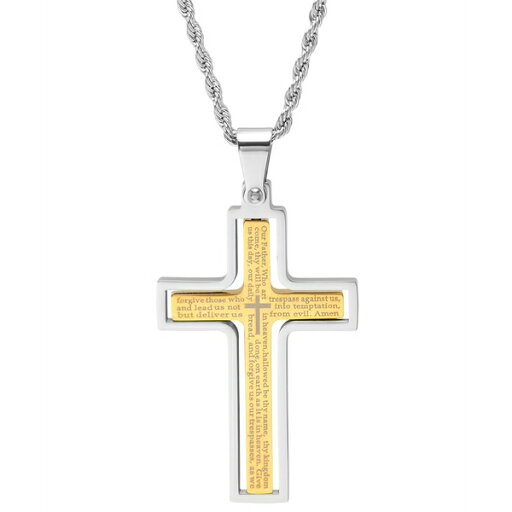 スティールタイム メンズ ネックレス・チョーカー アクセサリー Men's Stainless Steel "Our Father" English Prayer Spinner Cross 24" Pendant Necklace Gold, Silver スティールタイム メンズ ネックレス・チョーカー アクセサリー Men's Stainless Steel "Our Father" English Prayer Spinner Cross 24" Pendant Necklace Gold, Silver