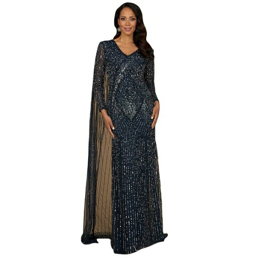ララ レディース ワンピース トップス Women's Long Sleeve Beaded Gown with Cape Navy ララ レディース ワンピース トップス Women's Long Sleeve Beaded Gown with Cape Navy