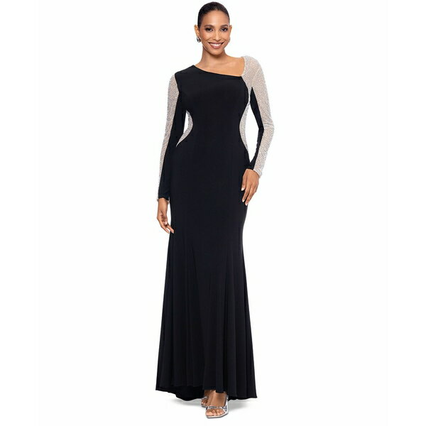 エスケープ レディース ワンピース トップス Women's Asymmetrical Rhinestone-Mesh-Sleeve Gown Black/Nude/Silver