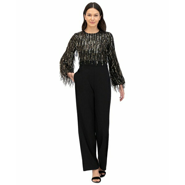 エリザジェイ レディース カジュアルパンツ ボトムス Women's Sequinned-Fringe-Bodice Jumpsuit Black Gold