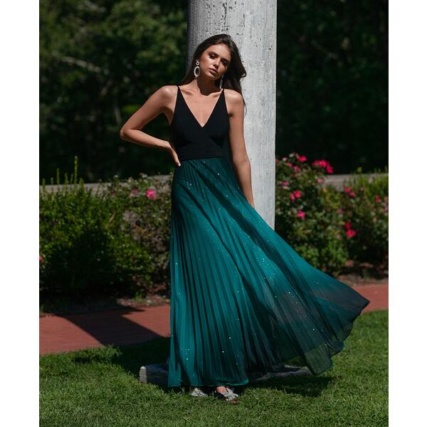 ベッツィ アンド アダム レディース ワンピース トップス Pleated Glitter-Skirt Gown Black/Teal Green