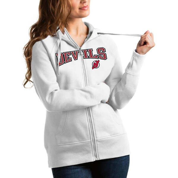 エイチアンドエム アンティグア レディース パーカー・スウェットシャツ アウター New Jersey Devils Antigua Women's Wordmark Victory FullZip Hoodie White