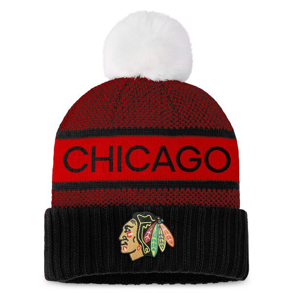 ファナティクス レディース 帽子 アクセサリー Chicago Blackhawks Fanatics Women's Authentic Pro Rink Cuffed Knit Hat with Pom Black/Red