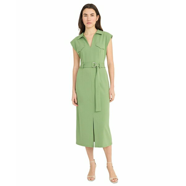 ドナモーガン レディース ワンピース トップス Women's Belted Split-Neck Midi Dress Green