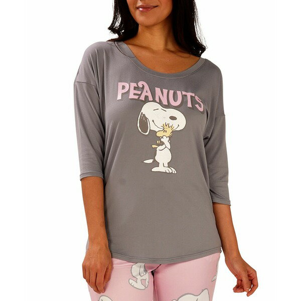 ムンキムンキ レディース Tシャツ トップス Peanuts Snoopy & Woodstock Pajama T-Shirt Grey