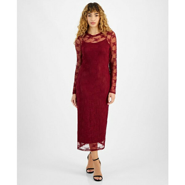 バースリー レディース ワンピース トップス Women's Lace Long-Sleeve Crewneck Midi Dress, Created for Macy's Cherry Pie