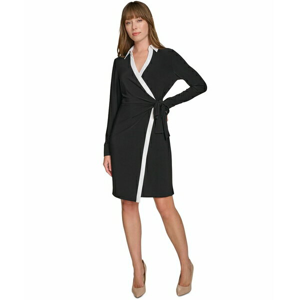トミー ヒルフィガー レディース ワンピース トップス Women's Long-Sleeve Piped Jersey Wrap Dress Black/Ivory