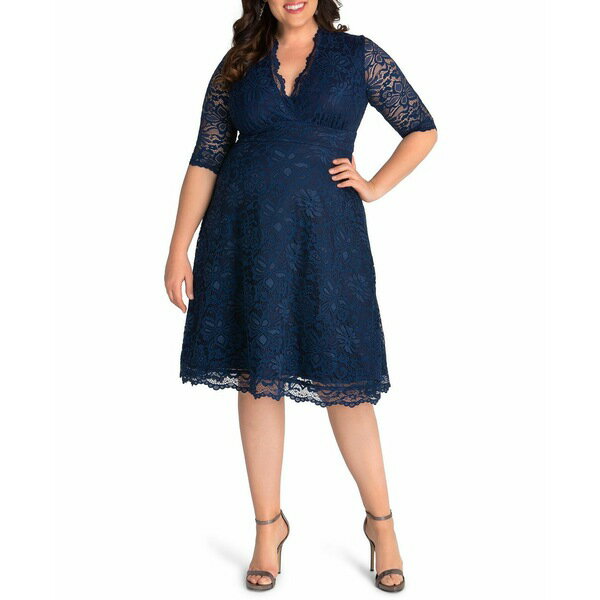 キヨナ レディース ワンピース トップス Plus Size Mademoiselle Lace Cocktail Dress with Sleeves Navy blue