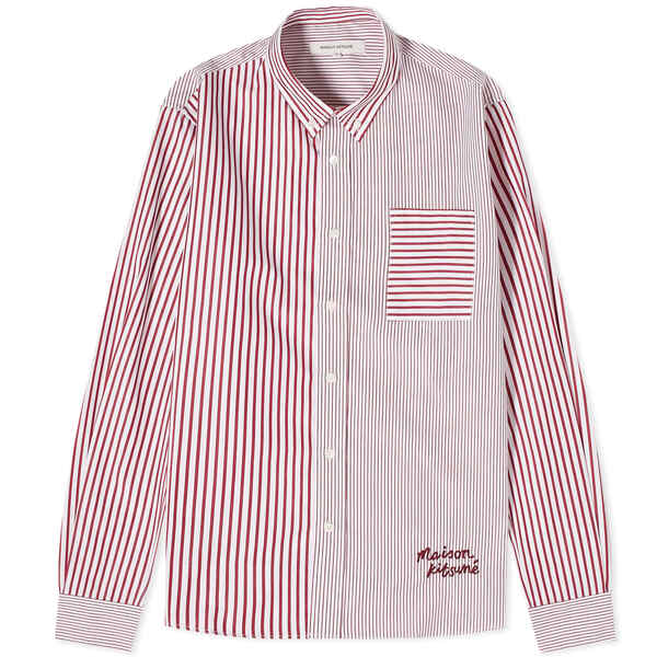 メゾンキツネ メンズ シャツ トップス Maison Kitsune Handwriting Logo Fun Mix Stripe Shirt Red