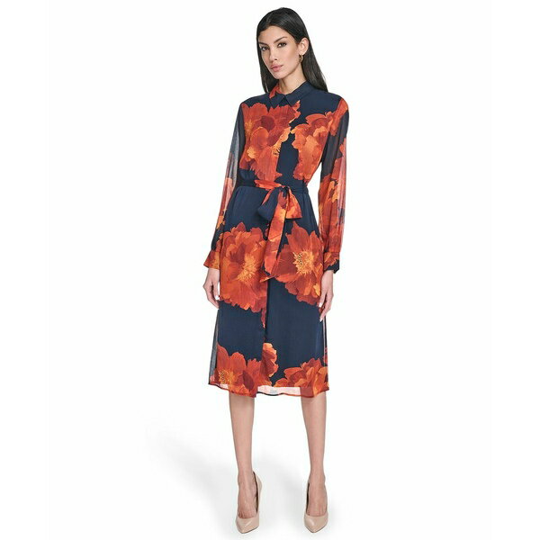 カルバンクライン レディース ワンピース トップス Petite Printed Button Front Midi Shirtdress Indigo Multi