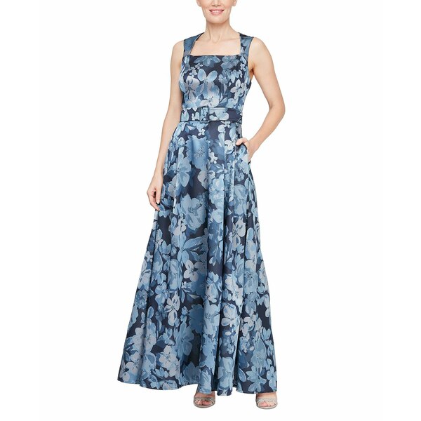 アレックスイブニングス レディース ワンピース トップス Women's Floral Jacquard Square-Neck Belted Gown Blue/multi