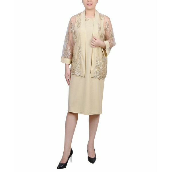 ˥塼衼쥯 ǥ ԡ ȥåץ Women's 3/4 Sleeve Jacket and Dress, 2 Piece Set Gold