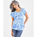 スタイルアンドコー レディース カットソー トップス Women's Printed Pleated-Neck Short-Sleeve Top, Created for Macy's Blue Floral