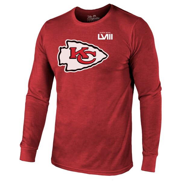マジェスティックスレッズ メンズ Tシャツ トップス Travis Kelce Kansas City Chiefs Majestic Threads Super Bowl LVIII Name Number TriBlend Long Sleeve TShirt Red