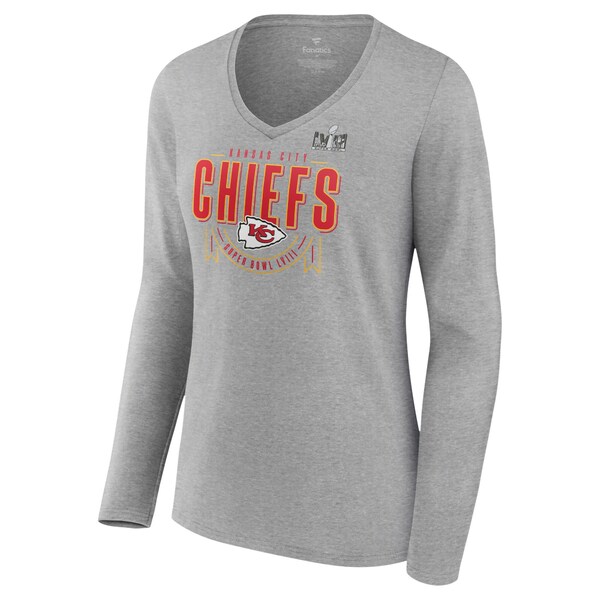 ファナティクス レディース Tシャツ トップス Kansas City Chiefs Fanatics Branded Women's Super Bowl LVIII Quick Pass Long Sleeve VNeck TShirt Heather Gray
