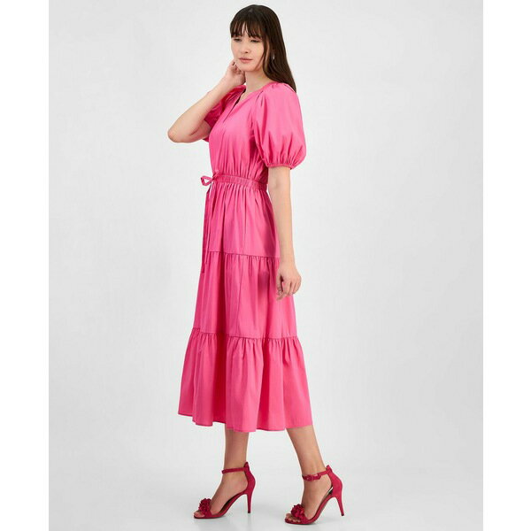 アンクライン レディース ワンピース トップス Women's Tiered Tie-Waist Puffed-Sleeve Dress Carmine Rose