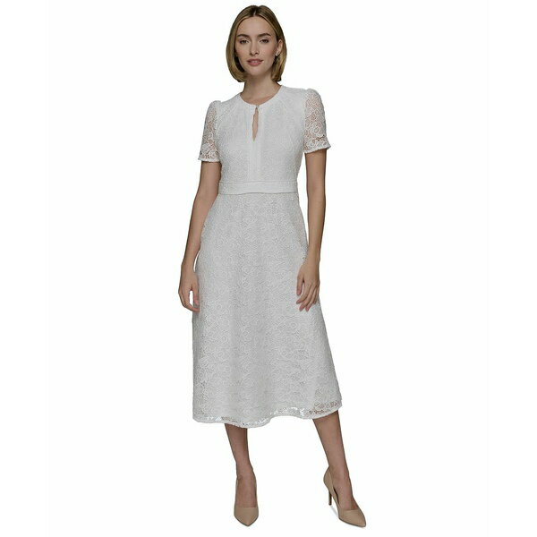 カールラガーフェルド レディース ワンピース トップス Women's Lace Keyhole Midi Dress Soft White