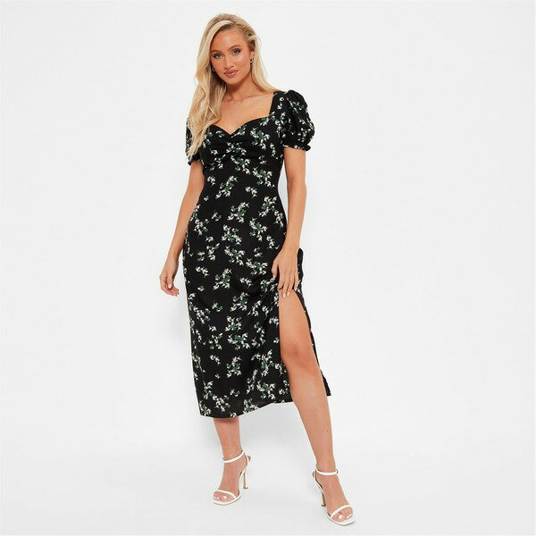 【送料無料】 アイソウイットファースト レディース ワンピース トップス Floral Print Sweetheart Puff Sleeve Midi Dress BLACK FLORAL 1