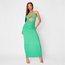 【送料無料】 ミスガイデッド レディース ワンピース トップス Textured Twist Front Halterneck Cut Out Midaxi Dress GREEN