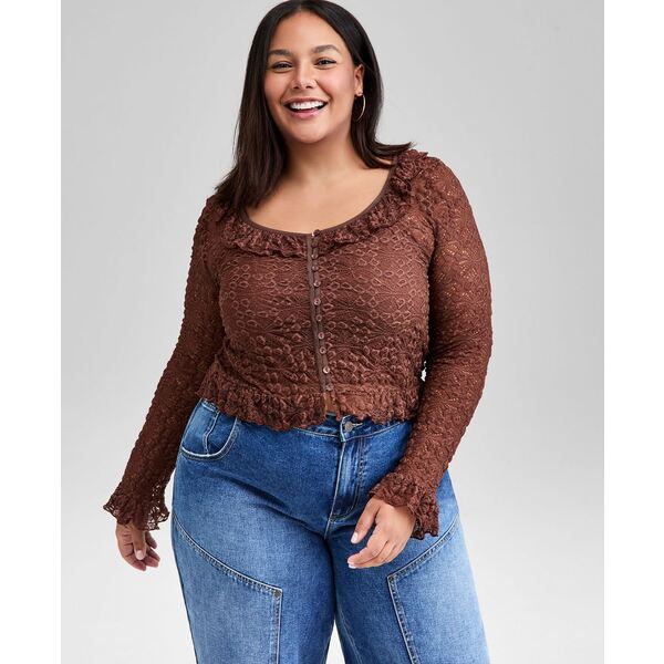 アンド ナウ ディス レディース カットソー トップス Women's Ruffle-Trim Stretch-Lace Crop Top, PXX..