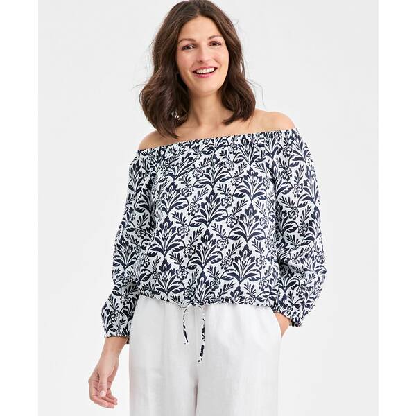 チャータークラブ レディース カットソー トップス Women's 100% Linen Tile On-Off-Shoulder 3/4-Slee..