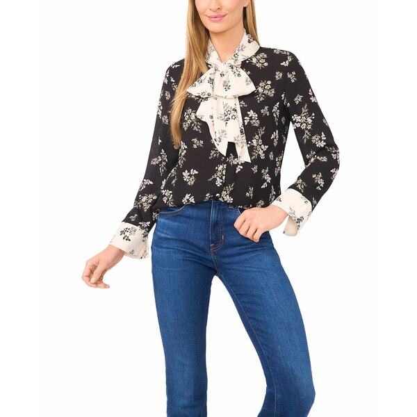 セセ レディース カットソー トップス Women's Floral Bow-Tie V-Neck Button-Up Long Cuff-Sleeve Blouse Rich Black
