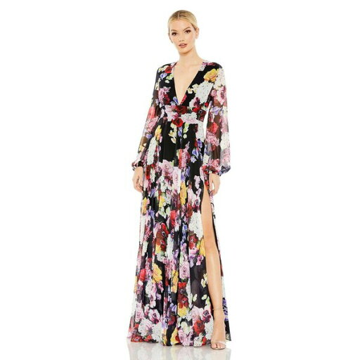 マックダガル レディース ワンピース トップス Women's Ieena Floral Print Illusion Long Sleeve V Neck Gown Black multi マックダガル レディース ワンピース トップス Women's Ieena Floral Print Illusion Long Sleeve V Neck Gown Black multi
